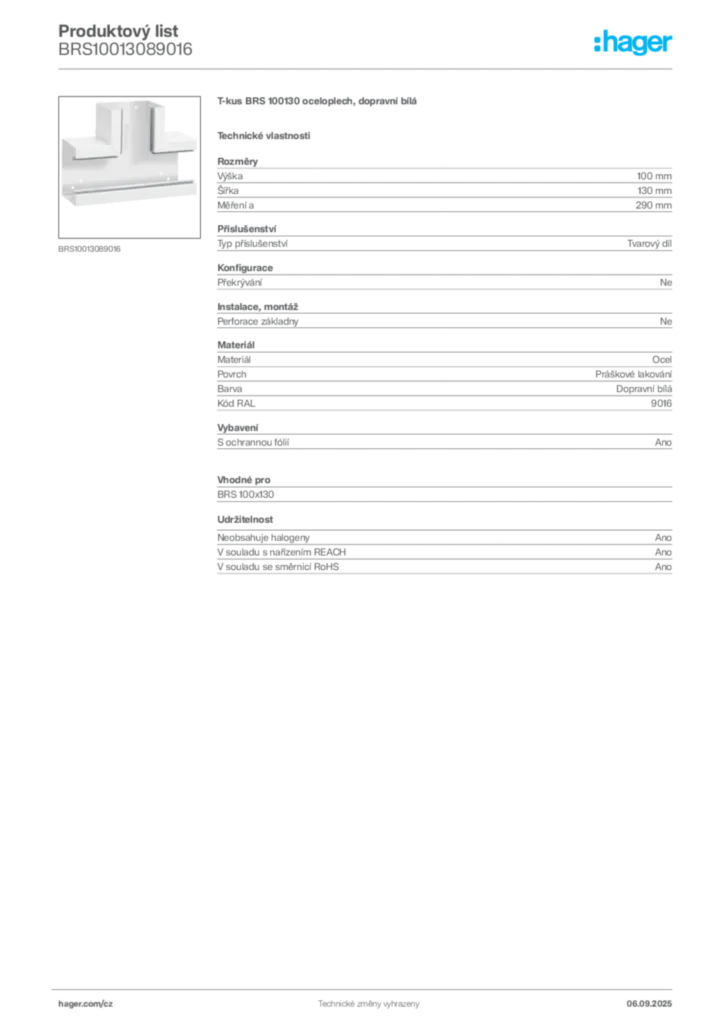 Obrázek Hager Produktový list BRS10013089016 | Hager