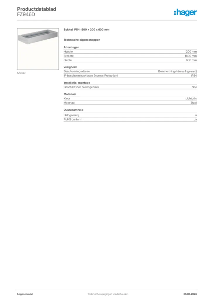 Afbeelding Hager Productdatablad FZ946D | Hager Nederland