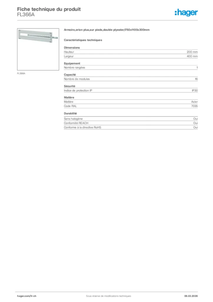 Image Hager Fiche technique du produit FL366A | Hager Suisse