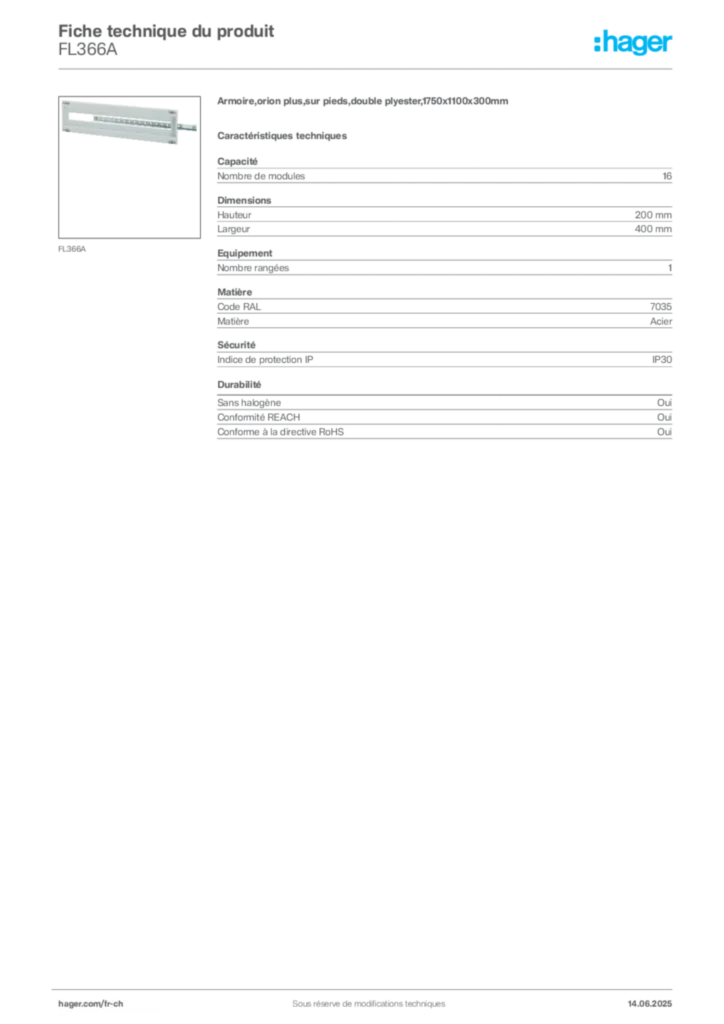 Image Hager Fiche technique du produit FL366A | Hager Suisse