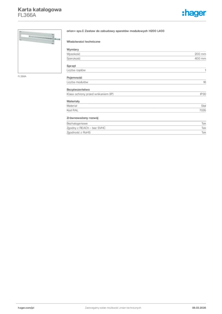 Zdjęcie Hager Karta katalogowa FL366A | Hager Polska