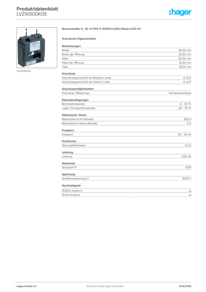 Bild Hager Produktdatenblatt LVZW300K05 | Hager Schweiz