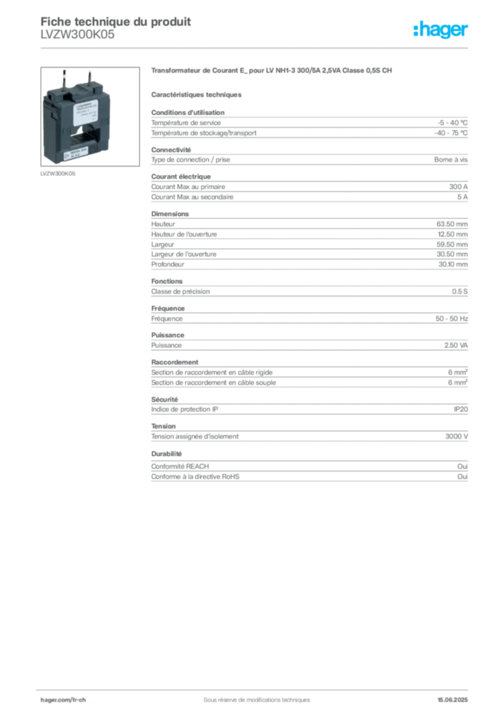 Image Hager Fiche technique du produit LVZW300K05 | Hager Suisse