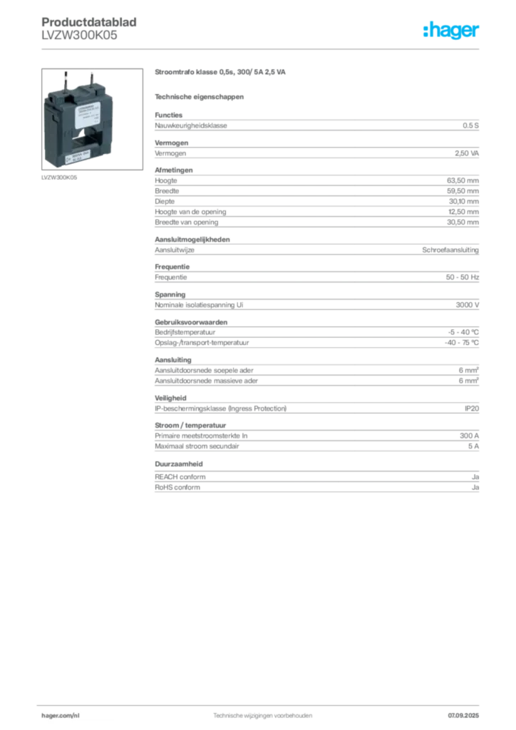 Afbeelding Hager Productdatablad LVZW300K05 | Hager Nederland