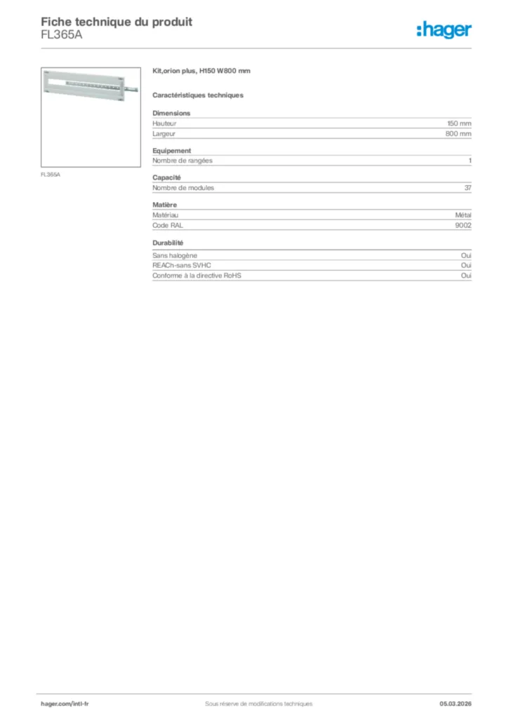 Image Hager Fiche technique du produit FL365A | Hager Afrique