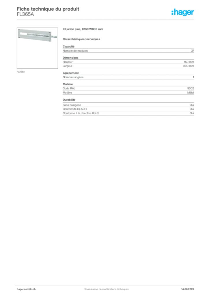 Image Hager Fiche technique du produit FL365A | Hager Suisse