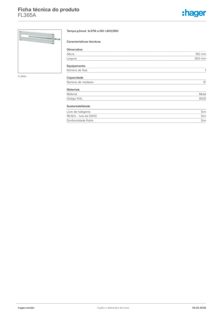 Imagem Hager Ficha técnica do produto FL365A | Hager Portugal