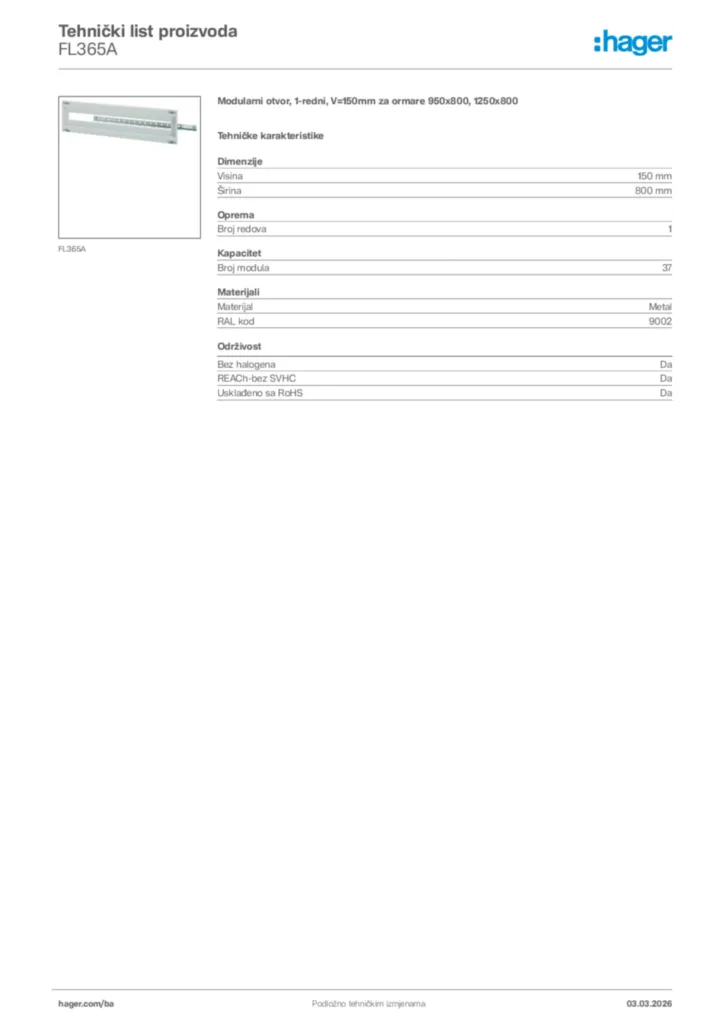 Slika Hager Tehnički list proizvoda FL365A  | Hager