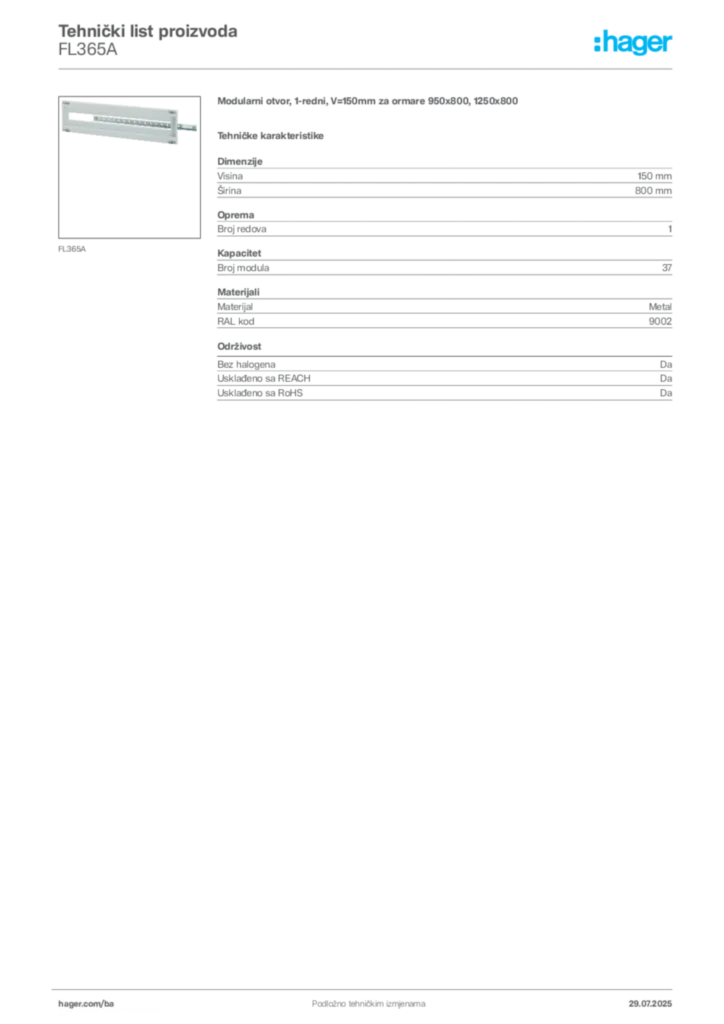 Slika Hager Product data sheet FL365A  | Hager
