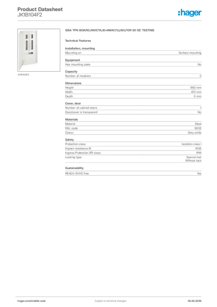 Image Hager Product data sheet JK1B104F2  | Hager