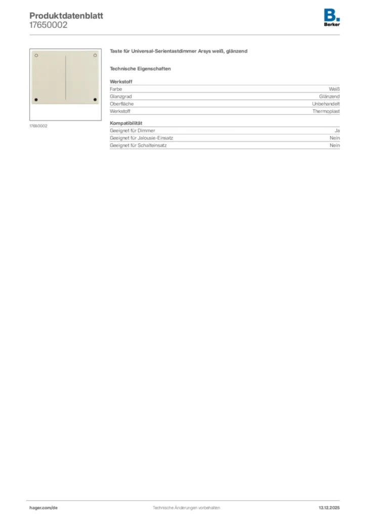 Bild Berker Produktdatenblatt 17650002 | Hager Deutschland