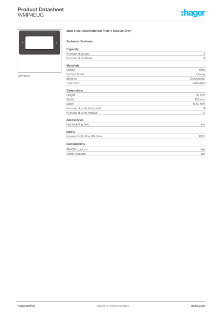 Image Hager Product data sheet WMP4EUG  | Hager