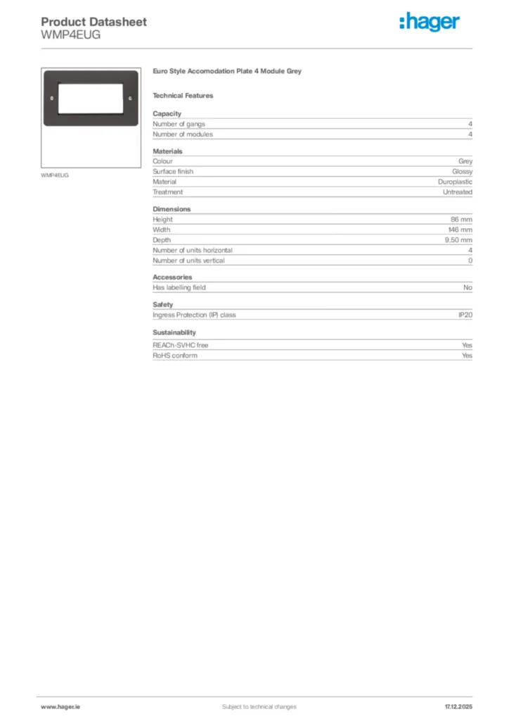Image Hager Product data sheet WMP4EUG  | Hager