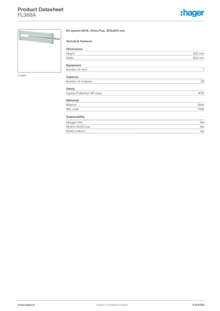 Image Hager Product data sheet FL368A  | Hager
