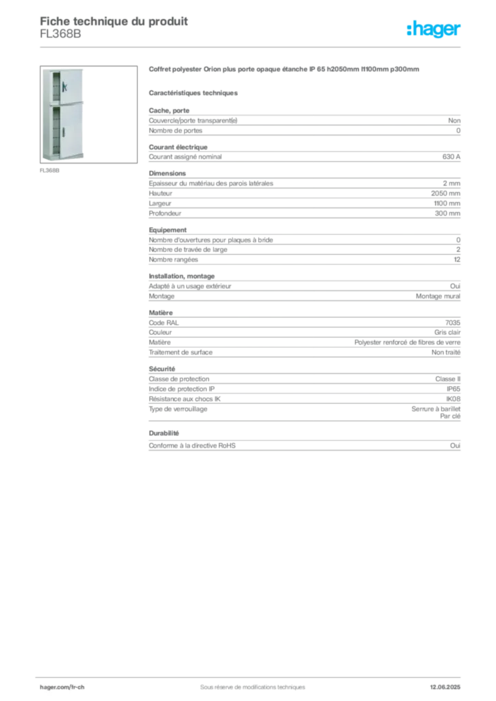 Image Hager Fiche technique du produit FL368B | Hager Suisse