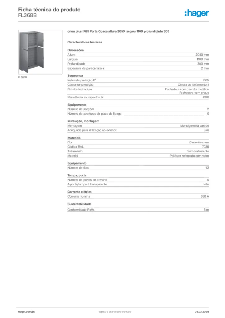 Imagem Hager Ficha técnica do produto FL368B | Hager Portugal