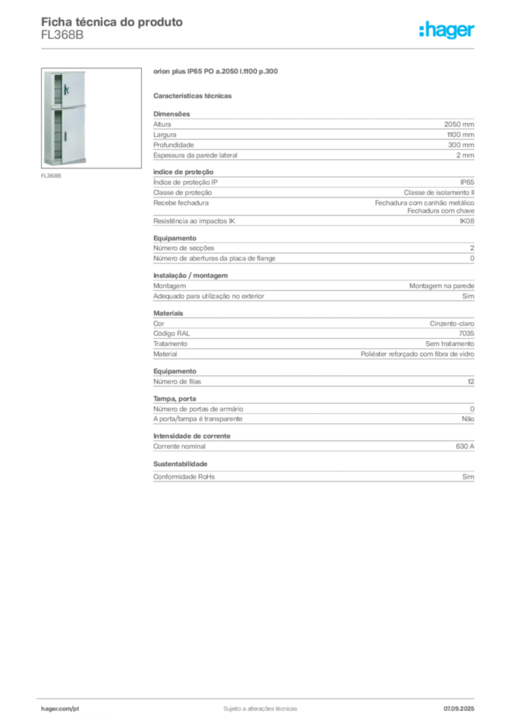 Imagem Hager Ficha técnica do produto FL368B | Hager Portugal