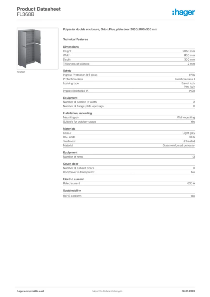 Image Hager Product data sheet FL368B  | Hager