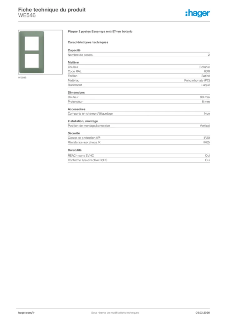 Image Hager Fiche technique du produit WE546 | Hager France