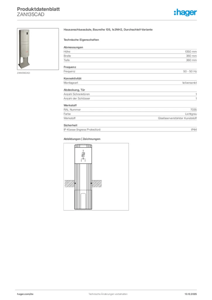 Bild Hager Produktdatenblatt ZAN135CAD | Hager Deutschland