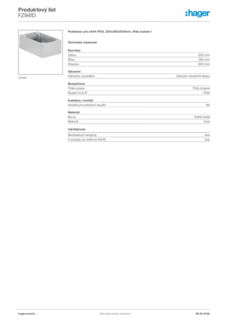 Obrázek Hager Product data sheet FZ941D | Hager