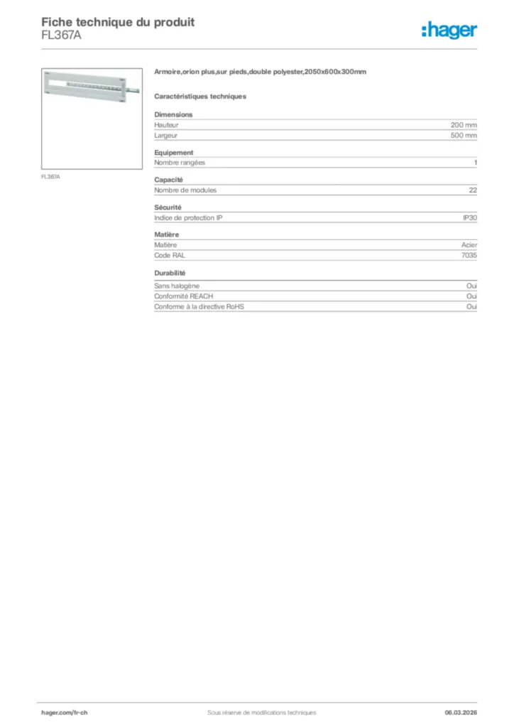 Image Hager Fiche technique du produit FL367A | Hager Suisse
