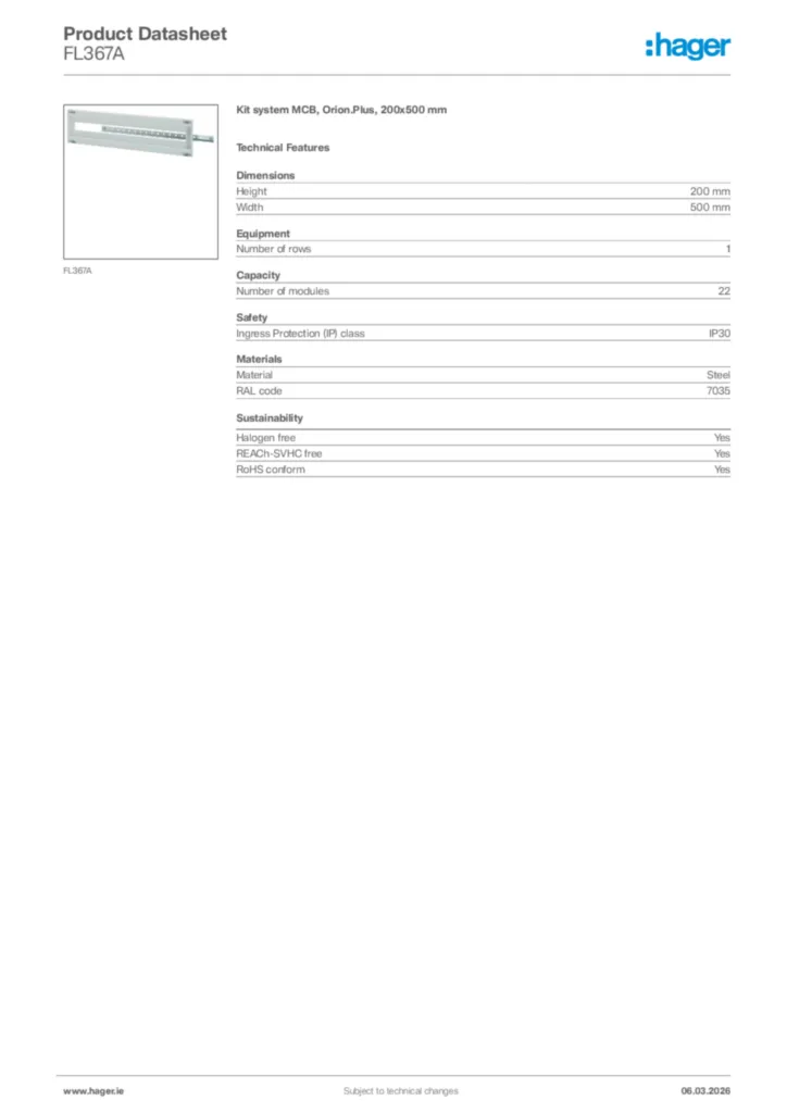 Image Hager Product data sheet FL367A  | Hager