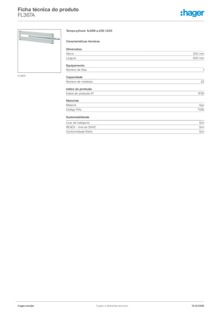Imagem Hager Ficha técnica do produto FL367A | Hager Portugal