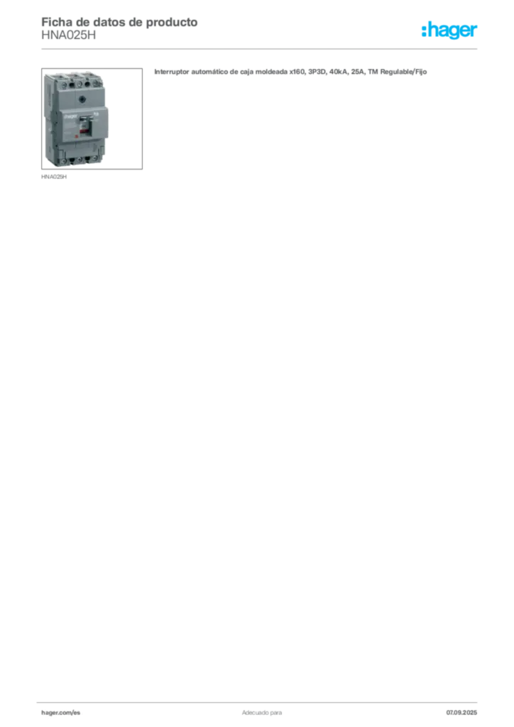 Imagen Hager Ficha de datos de producto HNA025H | Hager España