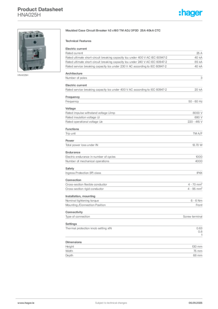 Image Hager Product data sheet HNA025H  | Hager