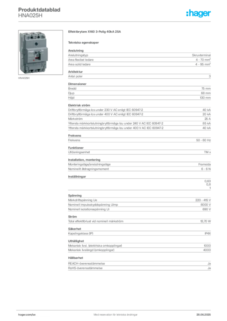 Bild Hager Produktdatablad HNA025H | Hager Sverige
