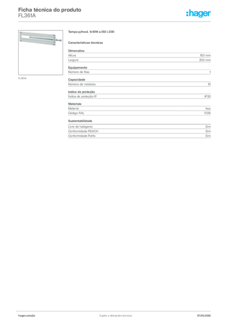 Imagem Hager Ficha técnica do produto FL361A | Hager Portugal