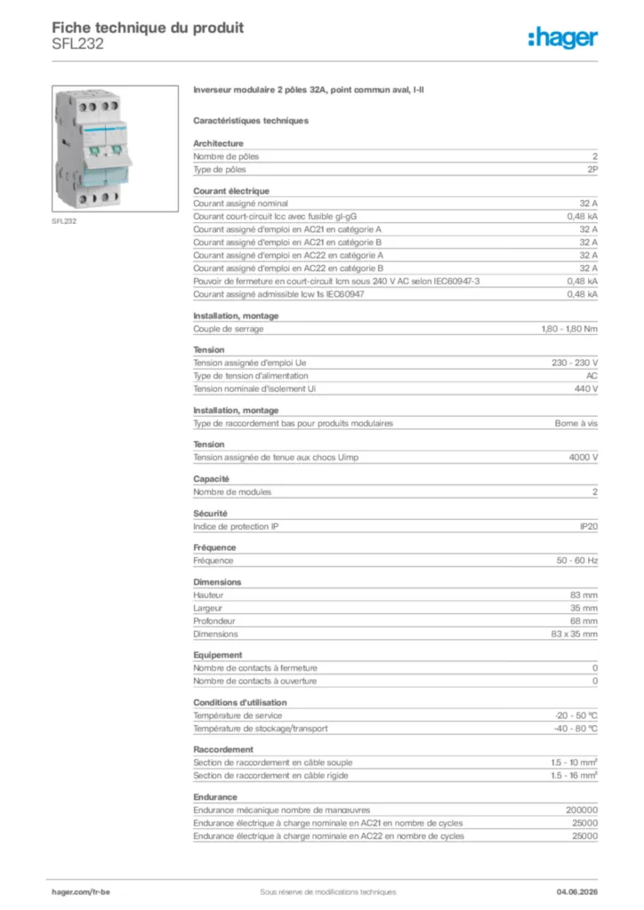 Image Hager Fiche technique du produit SFL232 | Hager Belgique