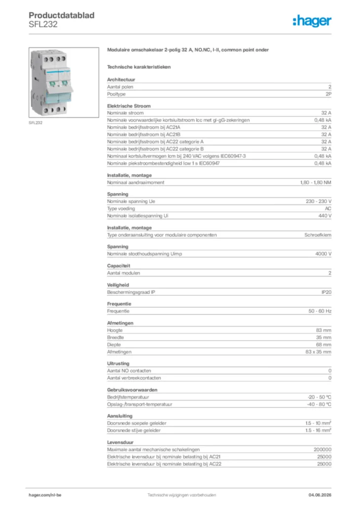 Afbeelding Hager Productdatablad SFL232 | Hager Belgium