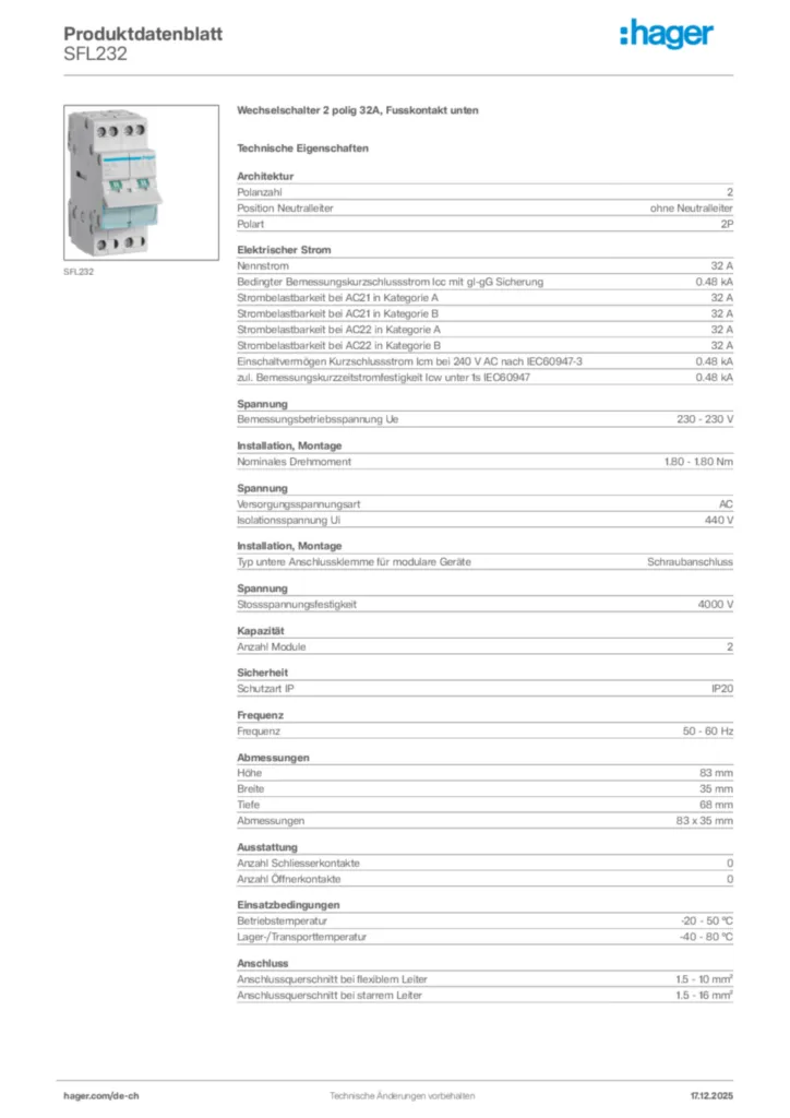 Bild Hager Produktdatenblatt SFL232 | Hager Schweiz