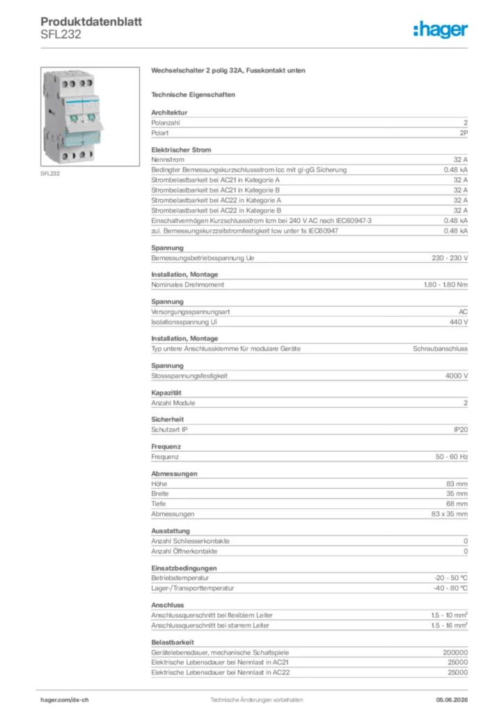 Bild Hager Produktdatenblatt SFL232 | Hager Schweiz