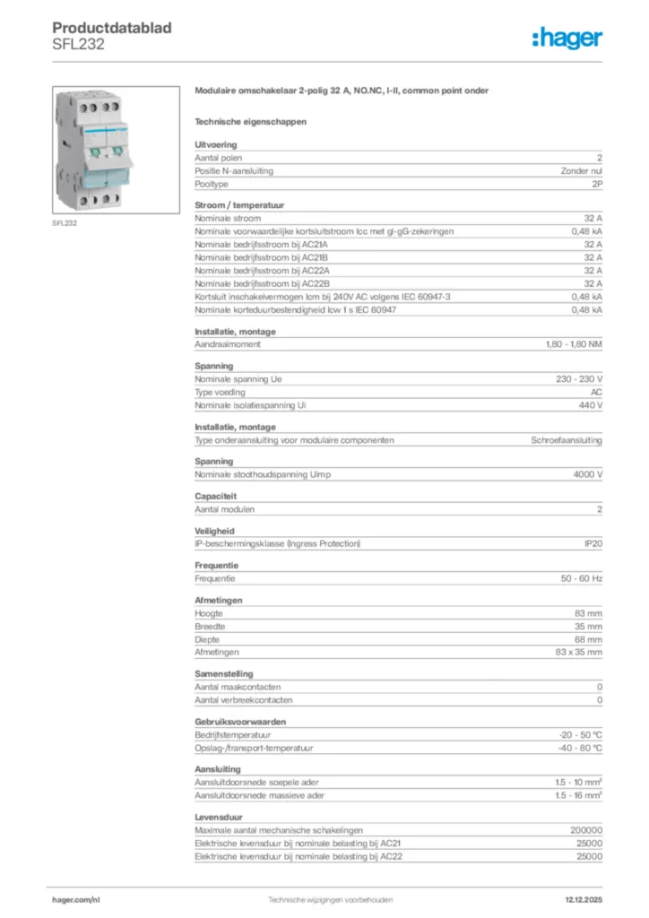 Afbeelding Hager Productdatablad SFL232 | Hager Nederland