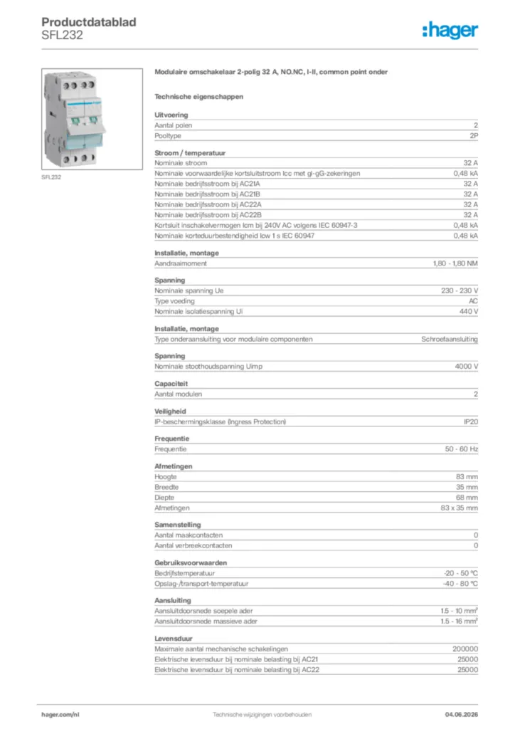 Afbeelding Hager Productdatablad SFL232 | Hager Nederland