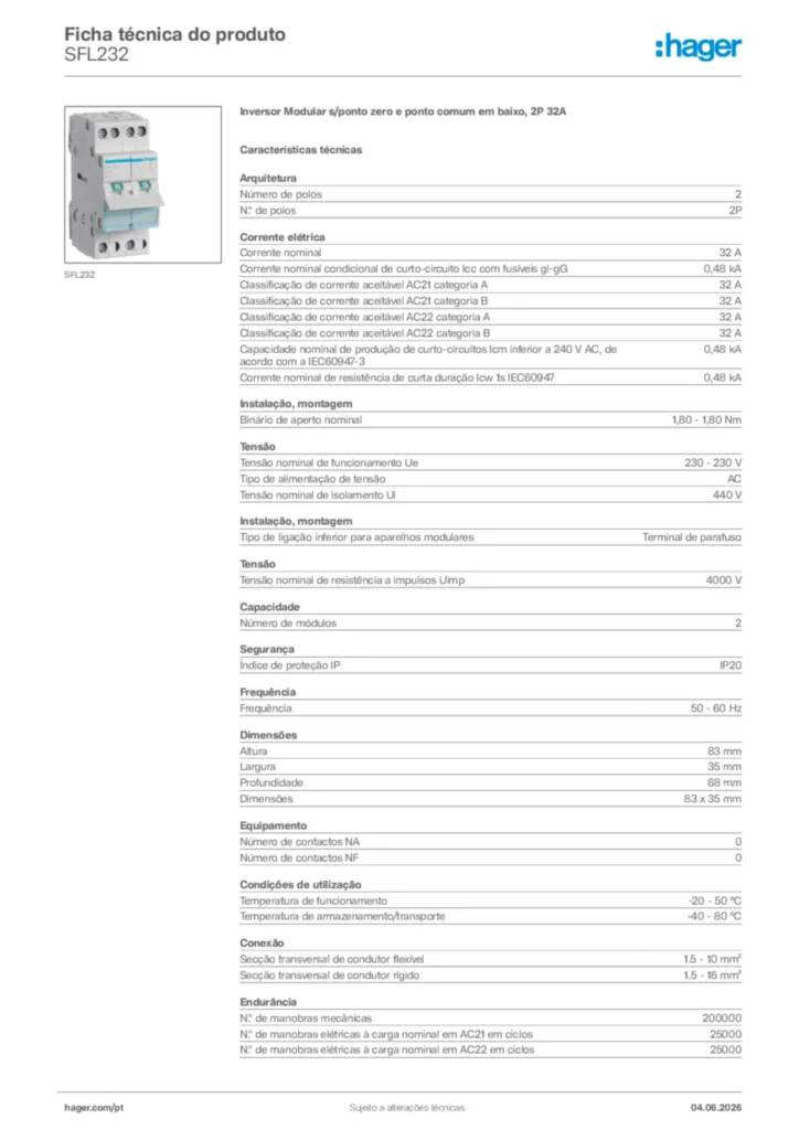 Imagem Hager Ficha técnica do produto SFL232 | Hager Portugal