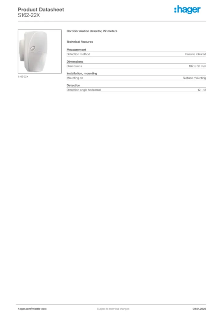 Image Hager Product data sheet S162-22X  | Hager
