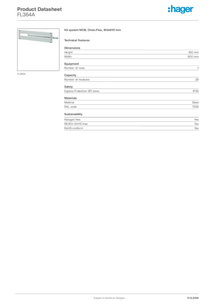 Image Hager Product data sheet FL364A  | Hager Africa