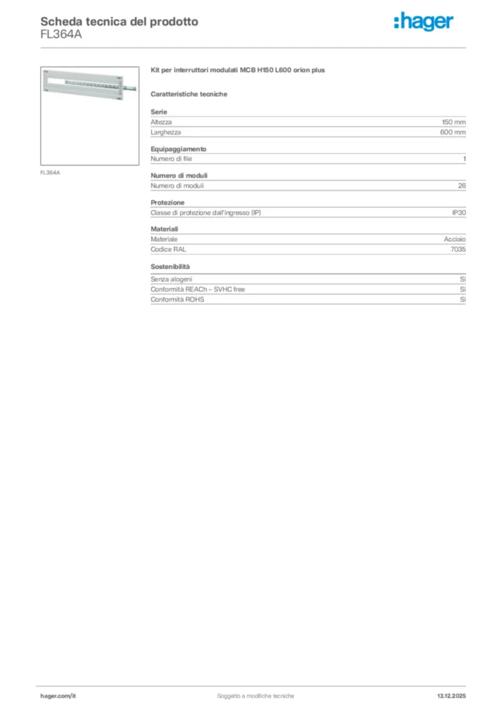 Immagine Hager Scheda tecnica del prodotto FL364A | Hager Italia