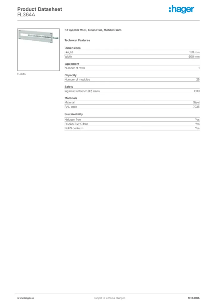 Image Hager Product data sheet FL364A  | Hager