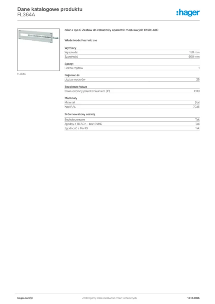 Zdjęcie Hager Karta katalogowa FL364A | Hager Polska