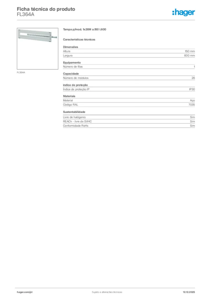 Imagem Hager Ficha técnica do produto FL364A | Hager Portugal