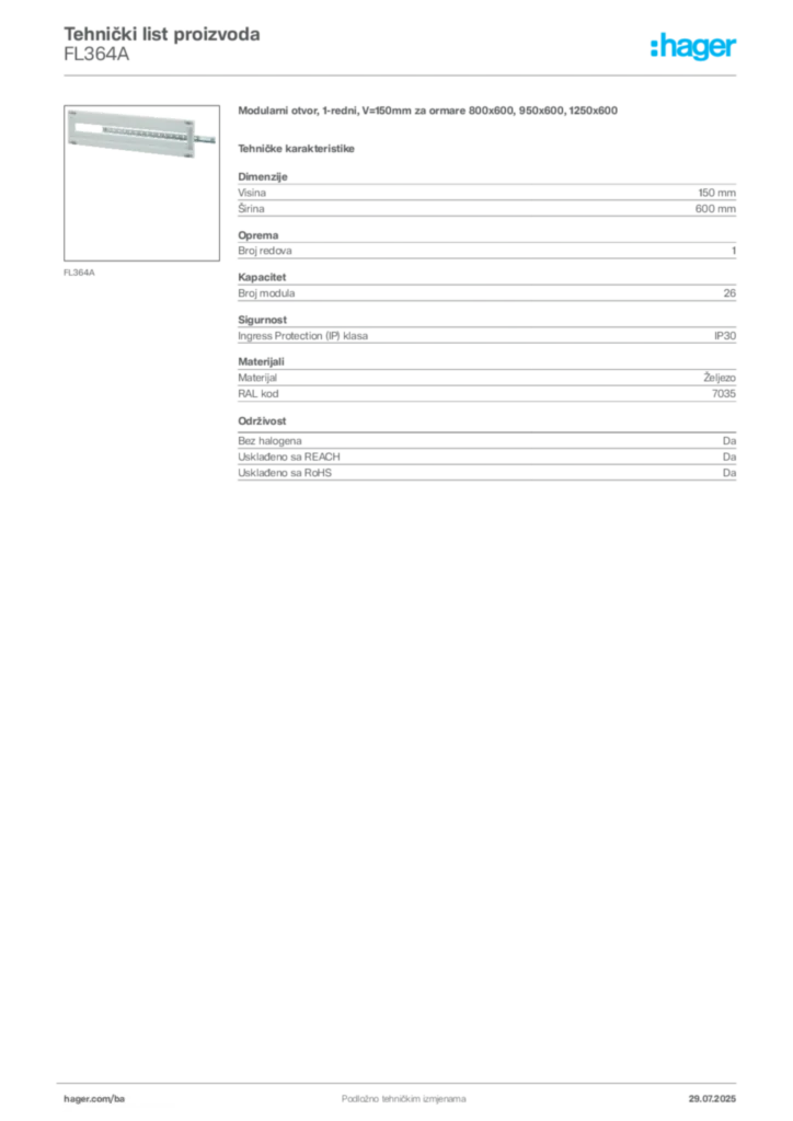 Slika Hager Product data sheet FL364A  | Hager