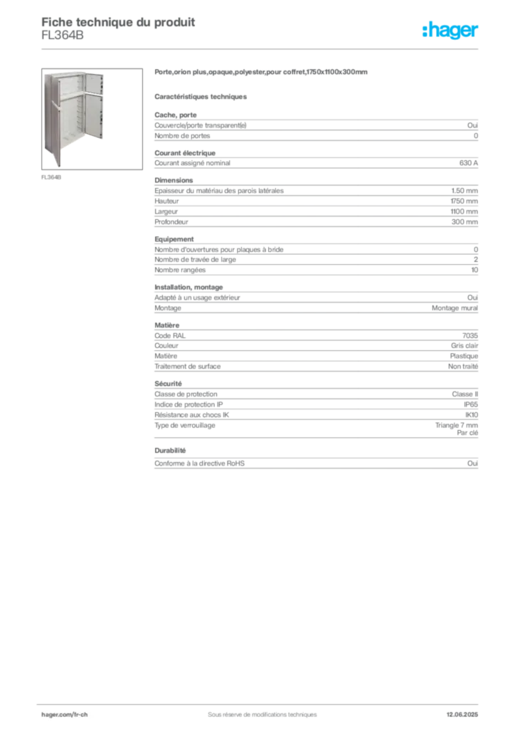 Image Hager Fiche technique du produit FL364B | Hager Suisse