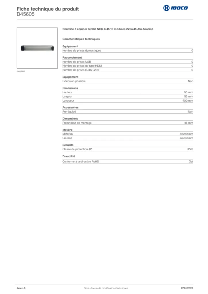 Image Iboco Fiche technique du produit B45605 | Hager France