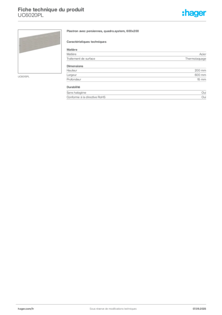 Image Hager Fiche technique du produit UC6020PL | Hager France