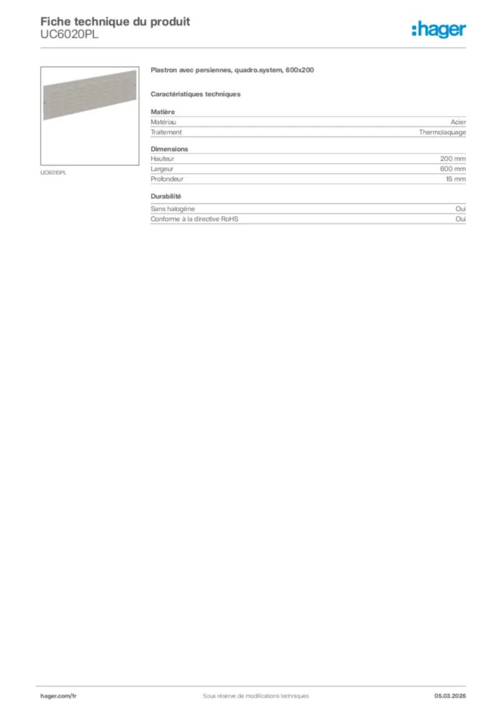 Image Hager Fiche technique du produit UC6020PL | Hager France